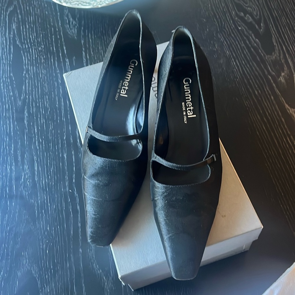 Vintage Black Gunmetal Brand silk kitten heal shoes